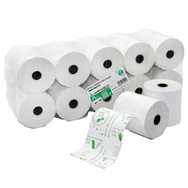  Rotolo per registratori di cassa - carta termica BPA free - 79 mm x 80 mt - 48 gr - diametro esterno 72 mm - anima 12 mm - Rotolific io Pugliese - blister 10 pezzi 