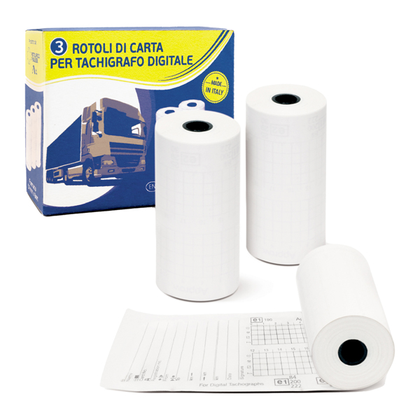  Rotolo per tachigrafo digitale - carta termica BPA free - 57 mm x 8 mt - 75 gr - diametro esterno 27mm - senza anima - Rotolificio P ugliese - confezione 3 pezzi 