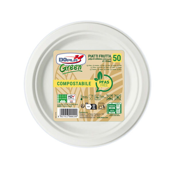  Piatto frutta monouso - rotondo - diametro 17 cm - cellulosa - bianco - Dopla Green - conf. 50 pezzi 