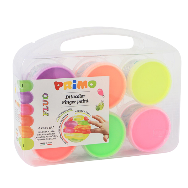  Ditacolor colori a dita - 100ml - c/pennello - valigetta 6 colori fluo - Primo 