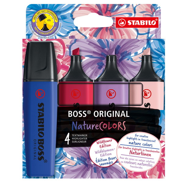  Evidenziatori Stabilo Boss Wildflowers - punta a scalpello - tratto 2 - 5 mm - colori assortiti - Stabilo - astuccio 4 pezzi 