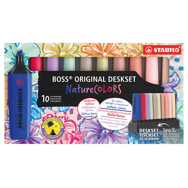  Evidenziatori Stabilo Boss Wildflowers - punta a scalpello - tratto 2 - 5 mm - colori assortiti - Stabilo - deskset 10 pezzi 