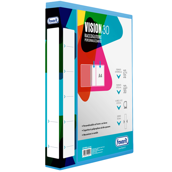  Raccoglitore personalizzabile Vision - 22 x 30 cm - 4 anelli a D 30 mm - dorso 4,5 cm - azzurro - Favorit 