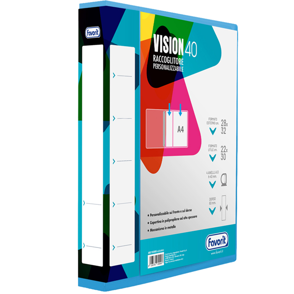  Raccoglitore personalizzabile Vision - 22 x 30 cm - 4 anelli a D 40 mm - dorso 6 cm - azzurro - Favorit 