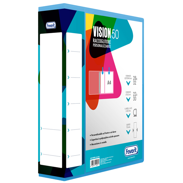  Raccoglitore personalizzabile Vision - 22 x 30 cm - 4 anelli a D 50 mm - dorso 7 cm - azzurro - Favorit 