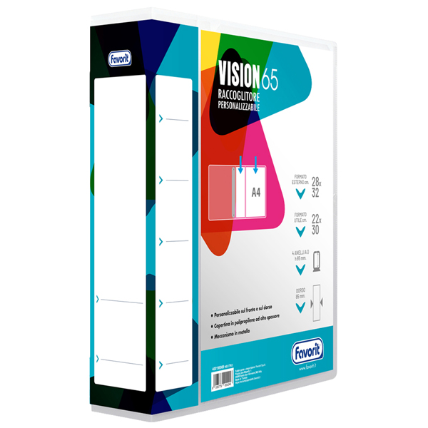  Raccoglitore personalizzabile Vision - 22 x 30 cm - 4 anelli a Q 65 mm - dorso 8,5 cm - neutro - Favorit 