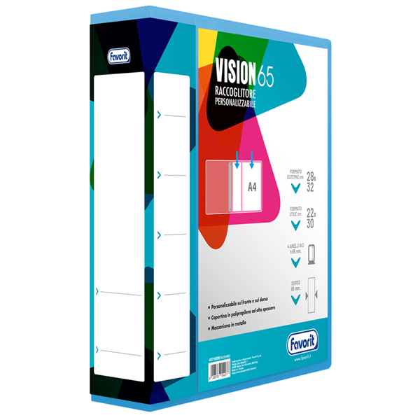  Raccoglitore personalizzabile Vision - 22 x 30 cm - 4 anelli a Q 65 mm - dorso 8,5 cm - azzurro - Favorit 