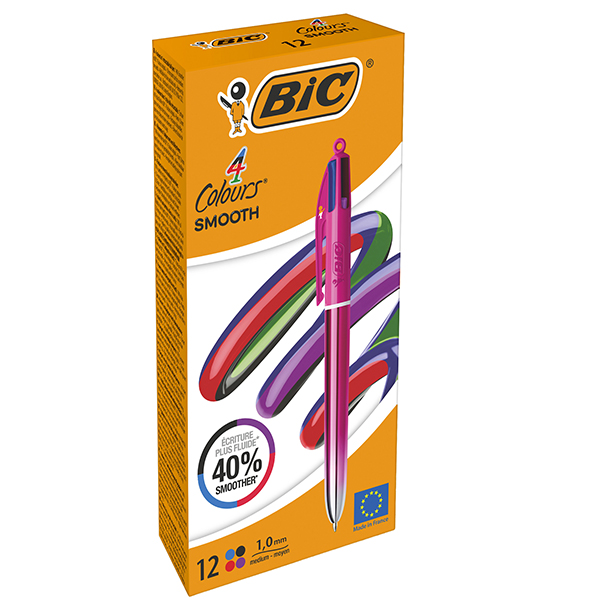  Penna sfera a scatto 4 Colori Smooth - 1.0 mm - fusto rosa - Bic - conf. 12 pezzi 