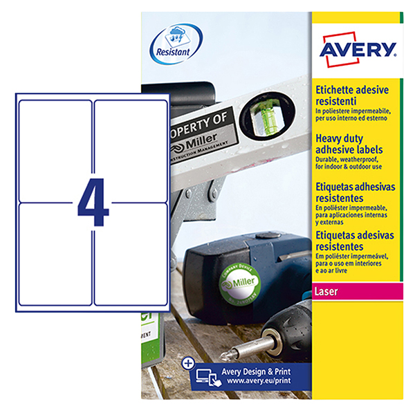  Etichette adesive L4774 - in poliestere - laser - permanenti - 99,1 x 139 mm - 4 et/fg - 8 fogli - bianco - Avery 
