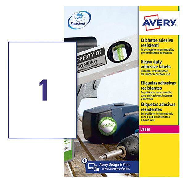  Etichette adesive L4775 - in poliestere - laser - permanenti - 210 x 297 mm - 1 et/fg - 8 fogli - bianco - Avery 