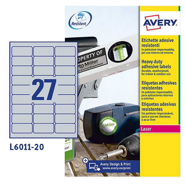  Etichette adesive L6011 - in poliestere - laser - permanenti - 63,5 x 29,6 mm - 27 et/fg - 8 fogli - argento - Avery 
