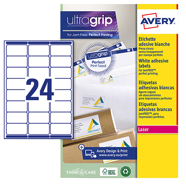  Etichette adesive L7159 - in carta - angoli arrotondati - laser - permanenti - 63,5 x 33,9 mm - 24 et/fg - 15 fogli - bianco - Avery 