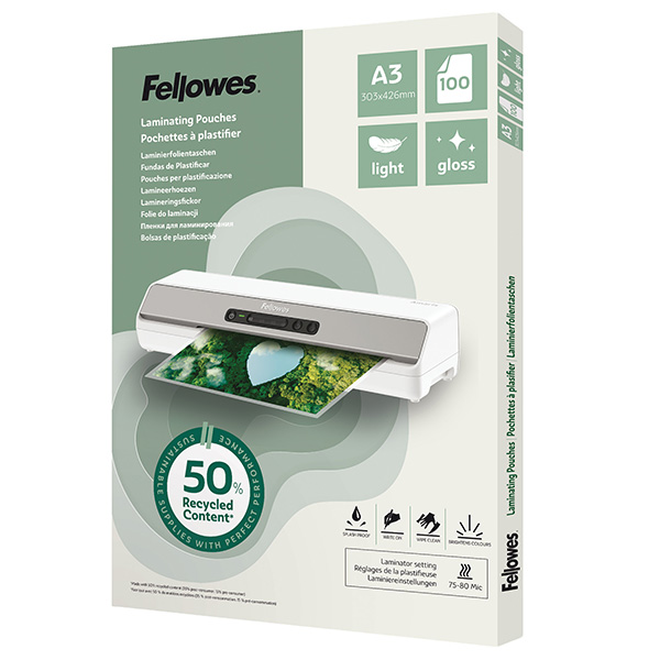  Pouches riciclate - A3 - 2x80 micron - Fellowes - scatola 100 pezzi 