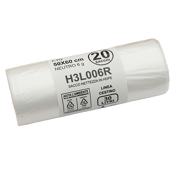  Sacco rifiuti - HDPE - 50 x 60 cm - 30 L - 15my - neutro - Bio Extrusion - conf. 20 pezzi 