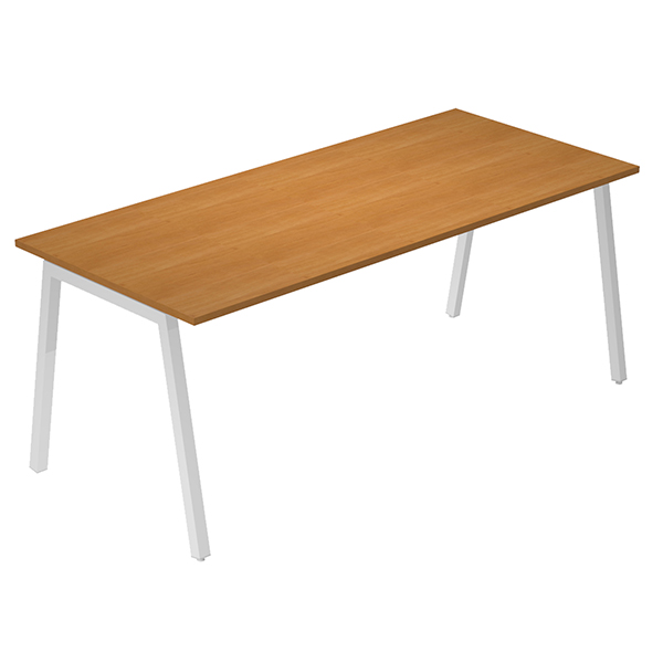  Scrivania lineare Easy - struttura bianca - gambe inclinate - 180 x 80 cm - noce chiaro 