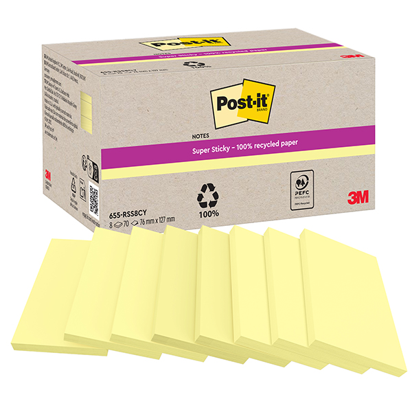  Cf. 8pz blocco 70fg Post-it®SuperSticky carta riciclata 76x127mm 622R-SS8CY gial 