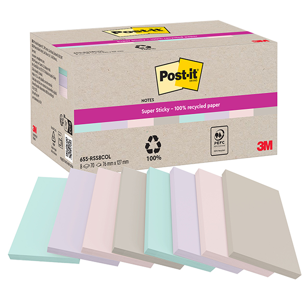  Blocco foglietti Post-it SuperSticky - 622R-SS8COL - 75 x 127 mm - carta riciclata - assortiti - 70 fogli - Post-it - conf. 8 blocc hi 