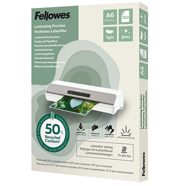  Pouches riciclate - A6 - 2x80 micron - Fellowes - scatola 100 pezzi 