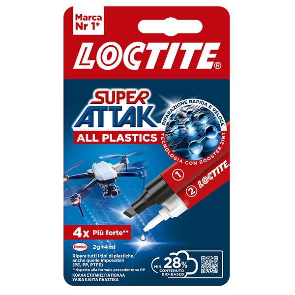  Colla Super Attak - adesivo liquido e attivatore in penna - adatto per tutti i tipi di plastica - 2 gr + 4 ml - trasparente - Loctit e 