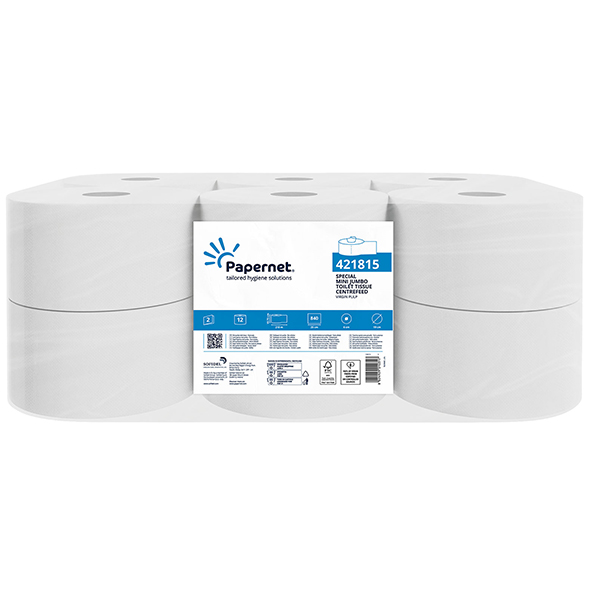  Carta igienica Centrefeed Mini Jumbo - 2 veli - 15 gr - diametro 19 cm - 10,75 cm x 210 m - bianco - Papernet 
