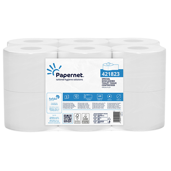  Carta igienica Centrefeed Mini Jumbo - 2 veli - 15 gr - diametro 14,9 cm - 10,75 cm x 112 m - bianco - Papernet 