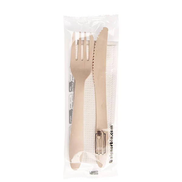  Bis posate con tovagliolo - legno naturale - Signor Bio - conf. 50 pezzi 