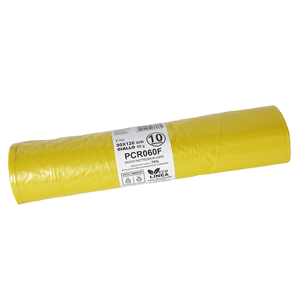  Sacco rifiuti - PCR - 90 x 120 cm - 120 L - 60 gr - giallo -Bio Extrusion - conf. 10 pezzi 