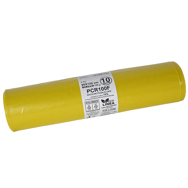  Sacco rifiuti - PCR - 90 x 120 cm - 120 L - 100 gr - giallo -Bio Extrusion - conf. 10 pezzi 