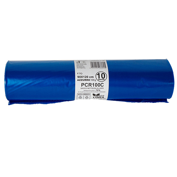 10 sacchi rifiuti PCR 120L 90x120cm 100gr azzurro Bio Extrusion 