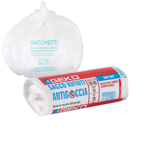  Sacchi per rifiuti organici Sac Bio - 42 x 45cm - 10 L - 12 micron - bianco - Geko - rotolo da 15 sacchetti 