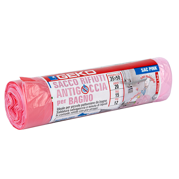  Sacchi per rifiuti organici Sac Bio - 35 x 50cm - 15 L - 12 micron - rosa - Geko - rotolo da 20 sacchetti 