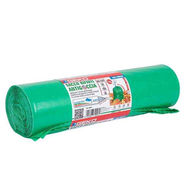  Sacchi per rifiuti da giardino - 80 x 120 cm - 150 L - 56 micron - LDPE - verde - Geko - rotolo da 10 sacchetti 