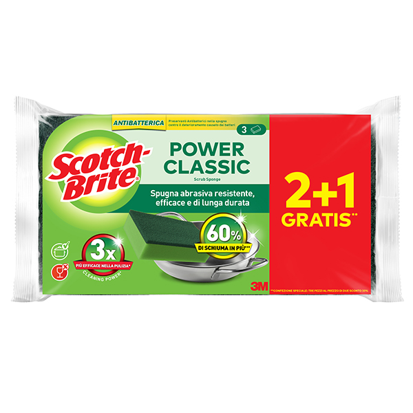  Spugna abrasiva Power Classic - antibatterica - 14,2x2,4x11,5 cm - giallo/verde - Scotch-Brite - conf. 3 pezzi 