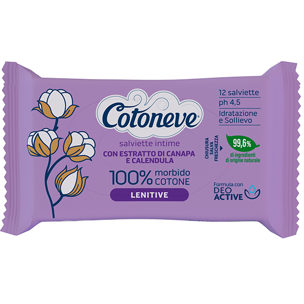  Salvietta intima lenitiva - cotone biodegradabile - Cotoneve - conf. 12 pezzi 