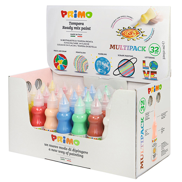  Tempera base d'acqua - 50 ml - colori assortiti - Primo - box 32 pezzi 