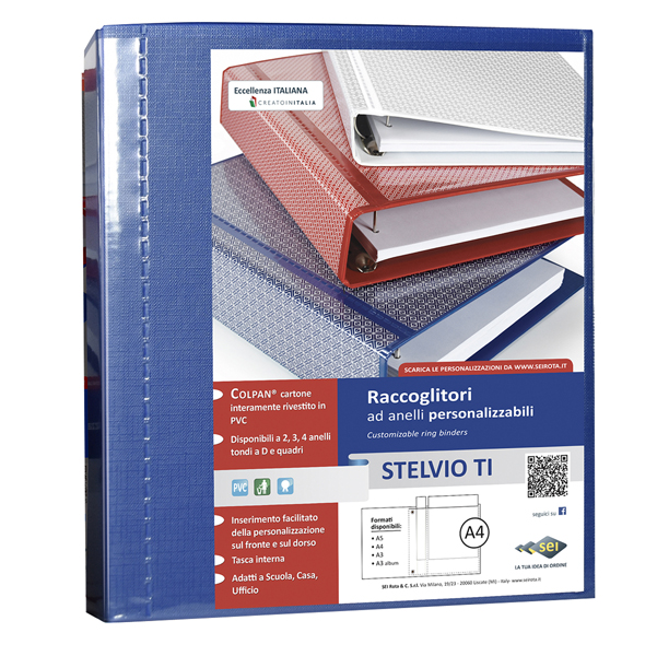  Raccoglitore personalizzabile Stelvio TI - 22 x 30 cm - 4 anelli a D 25 mm - dorso 4 cm - blu - Sei Rota 