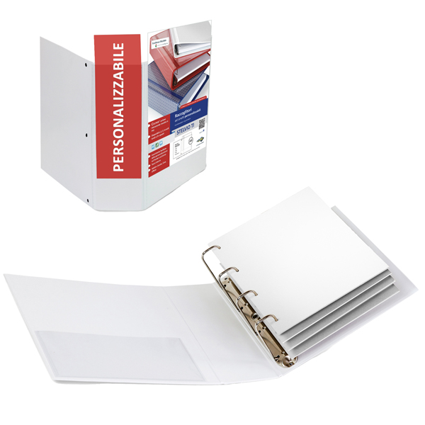  Raccoglitore personalizzabile Stelvio TI - 22 x 30 cm - 4 anelli a Q 65 mm - dorso 9 cm - bianco - Sei Rota 