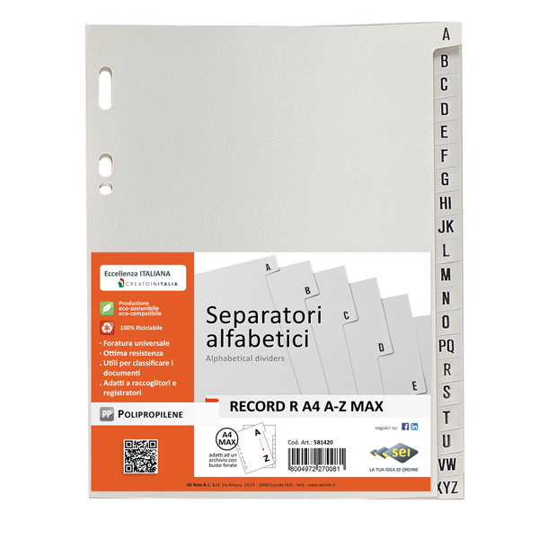  Separatore alfabetico A/Z Record R - PP - 21 x 29,7 cm - A4 - grigio - Sei Rota 