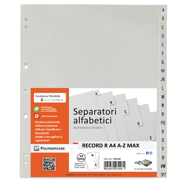  Separatore alfabetico A/Z Record R - PP - 24,5 x 30 cm - A4 maxi - grigio - Sei Rota 
