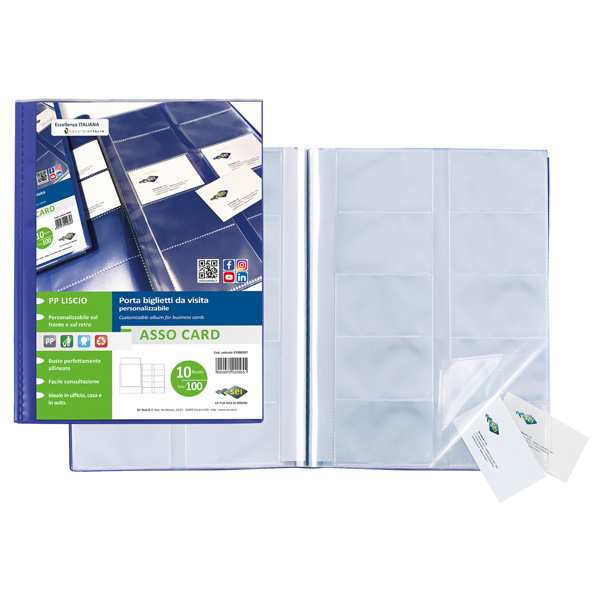  Porta biglietti da visita Asso Card - 21 x 29,7 cm - 10 buste con 10 tasche ciascuna - blu - Sei Rota 