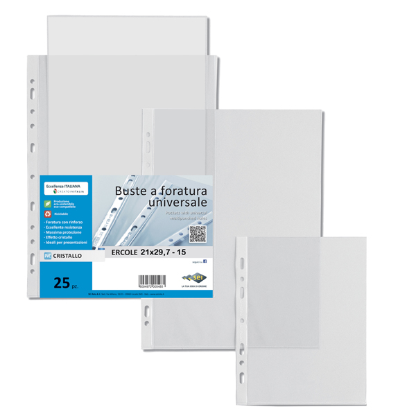  Buste forate Ercole - PVC liscio - 21 x 29,7 cm - trasparente - Sei Rota - conf. 25 pezzi 