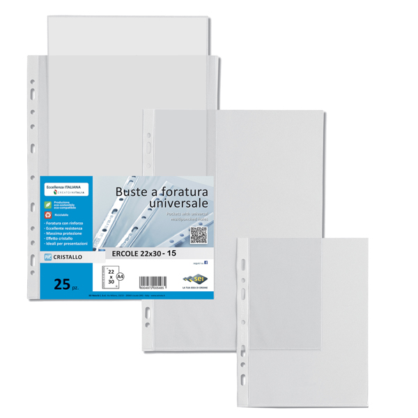  Buste forate Ercole - PVC liscio - 22 x 30 cm - trasparente - Sei Rota - conf. 25 pezzi 