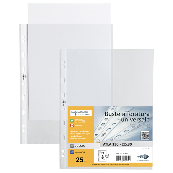  Buste forate Atla - pesante - buccia - 22 x 30 cm - trasparente - Sei Rota - conf. 25 pezzi 