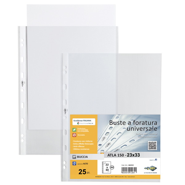  Buste forate Atla - pesante - buccia - 23 x 33 cm - trasparente - Sei Rota - conf. 25 pezzi 