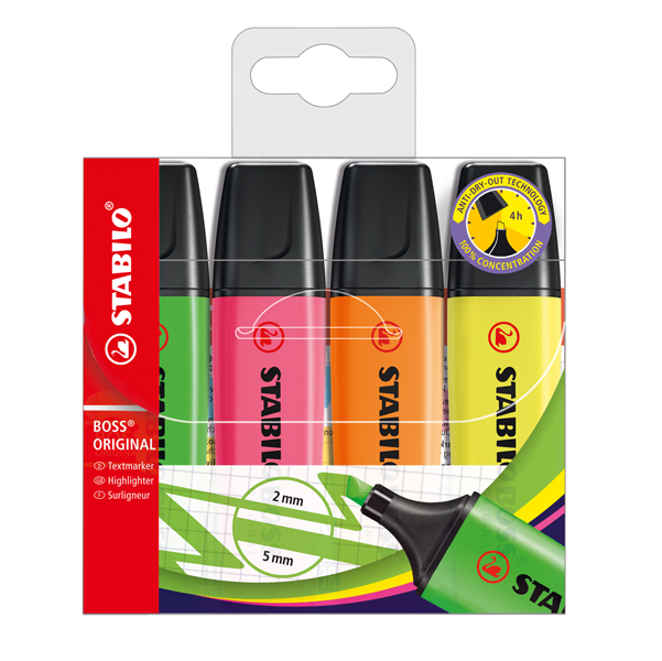  Evidenziatore Stabilo Boss Original - punta a scalpello - tratto da 2 - 5 mm - colori assortiti - Stabilo - conf. 4 pezzi 