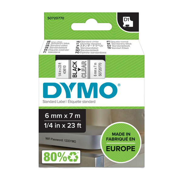  Nastro D1 standard 436100 - 6 mm x 7 mt - PL - nero/trasparente - Dymo 