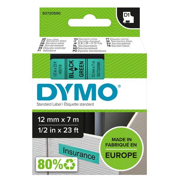  Nastro D1 standard 450190 - 12 mm x 7 mt - PL - nero/verde - Dymo 