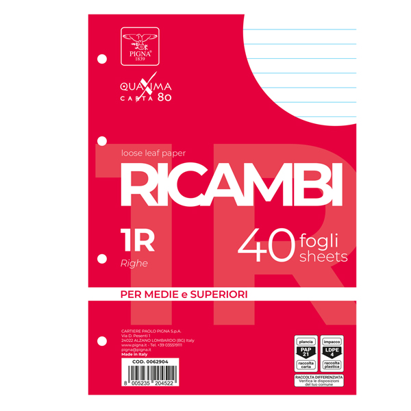  Ricambi forati Quaxima - A5 - 1 rigo - 80 gr - Pigna - conf. 40 pezzi 