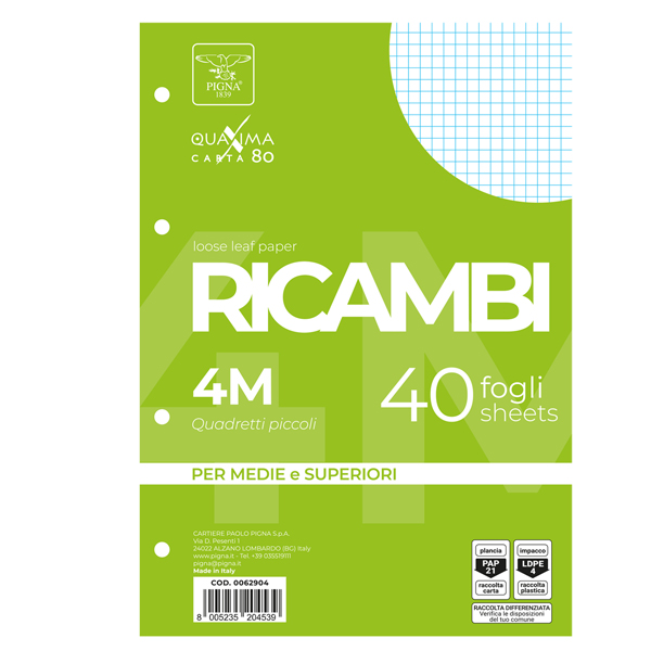  Ricambi forati Quaxima - A4 - 4 mm - 80 gr - Pigna - conf. 40 pezzi 