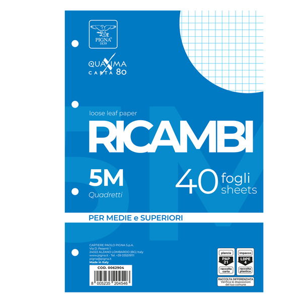  Ricambi forati Quaxima - A4 - 5 mm - 80 gr - Pigna - conf. 40 pezzi 